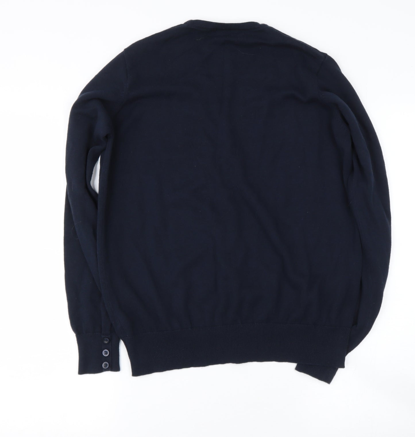 CUSTOM KNIT Womens Blue V-Neck  Cotton Henley Jumper Size L