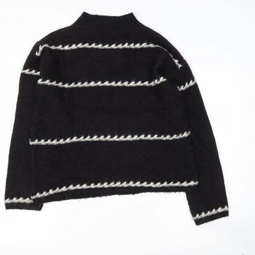 Preworn Womens Black High Neck Striped Polyester Pullover Jumper Size M