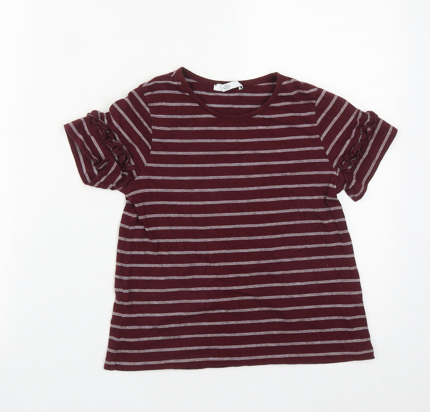 Marks and Spencer Girls Red Striped Cotton Basic T-Shirt Size 8-9 Years Round Neck  - Shoulder Detail