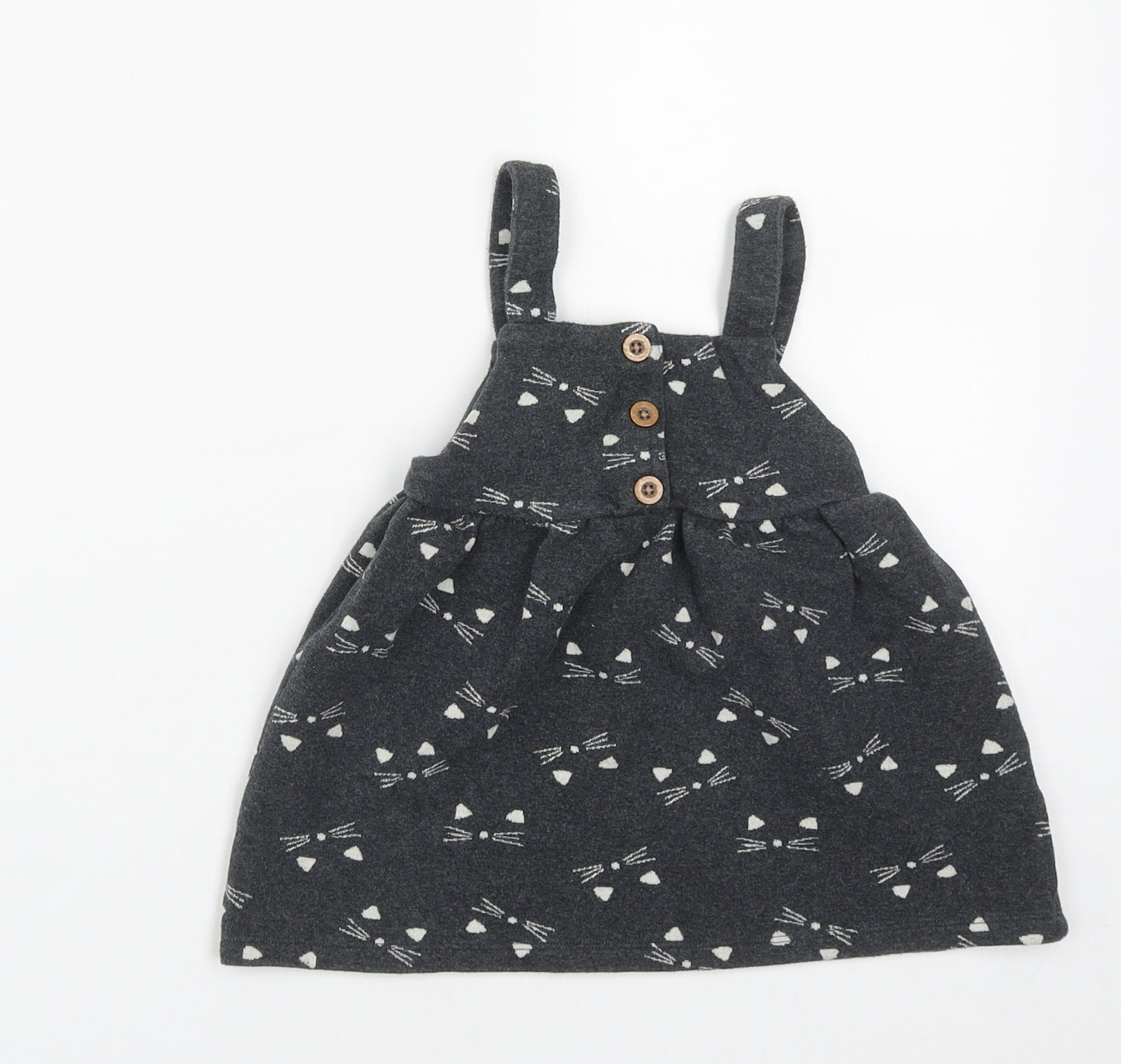 F&F Girls Grey  Cotton Pinafore/Dungaree Dress  Size 18-24 Months  Square Neck Button - Cat Print