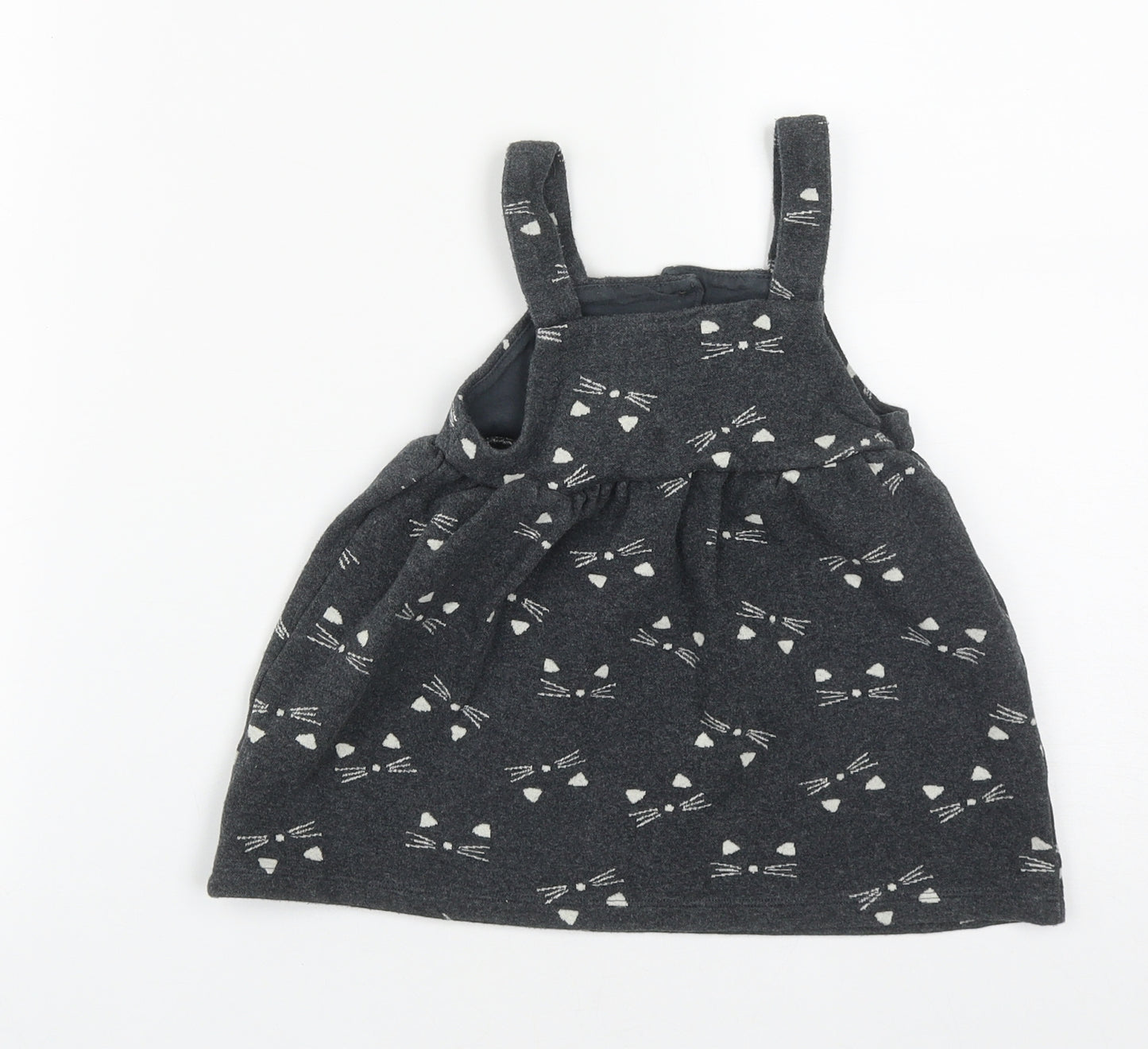 F&F Girls Grey  Cotton Pinafore/Dungaree Dress  Size 18-24 Months  Square Neck Button - Cat Print