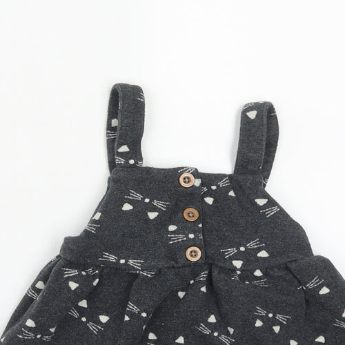 F&F Girls Grey  Cotton Pinafore/Dungaree Dress  Size 18-24 Months  Square Neck Button - Cat Print