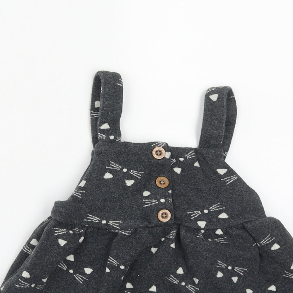 F&F Girls Grey  Cotton Pinafore/Dungaree Dress  Size 18-24 Months  Square Neck Button - Cat Print