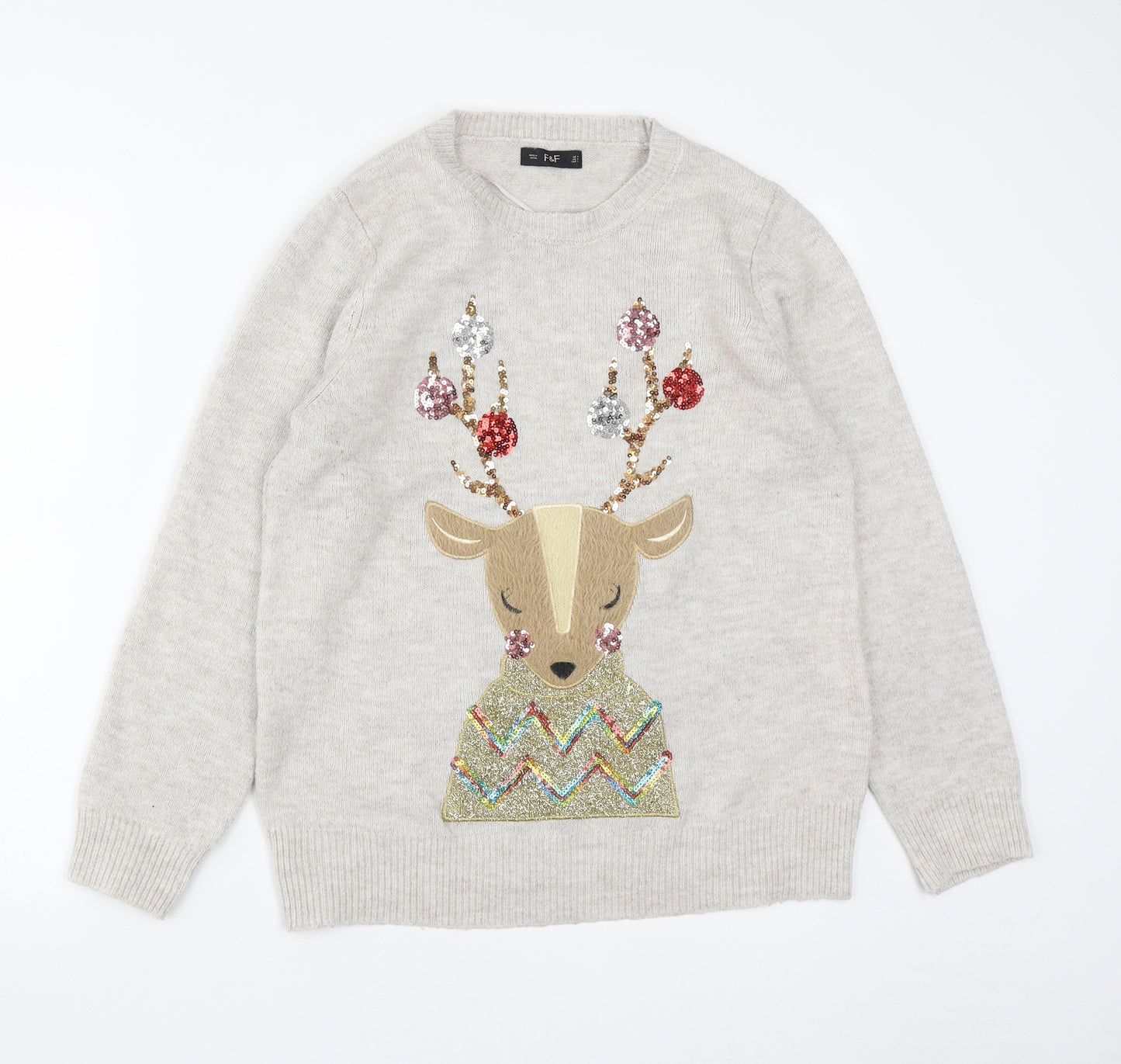 F&F Womens Beige Round Neck  Polyester Pullover Jumper Size 14   - Christmas Rudolph