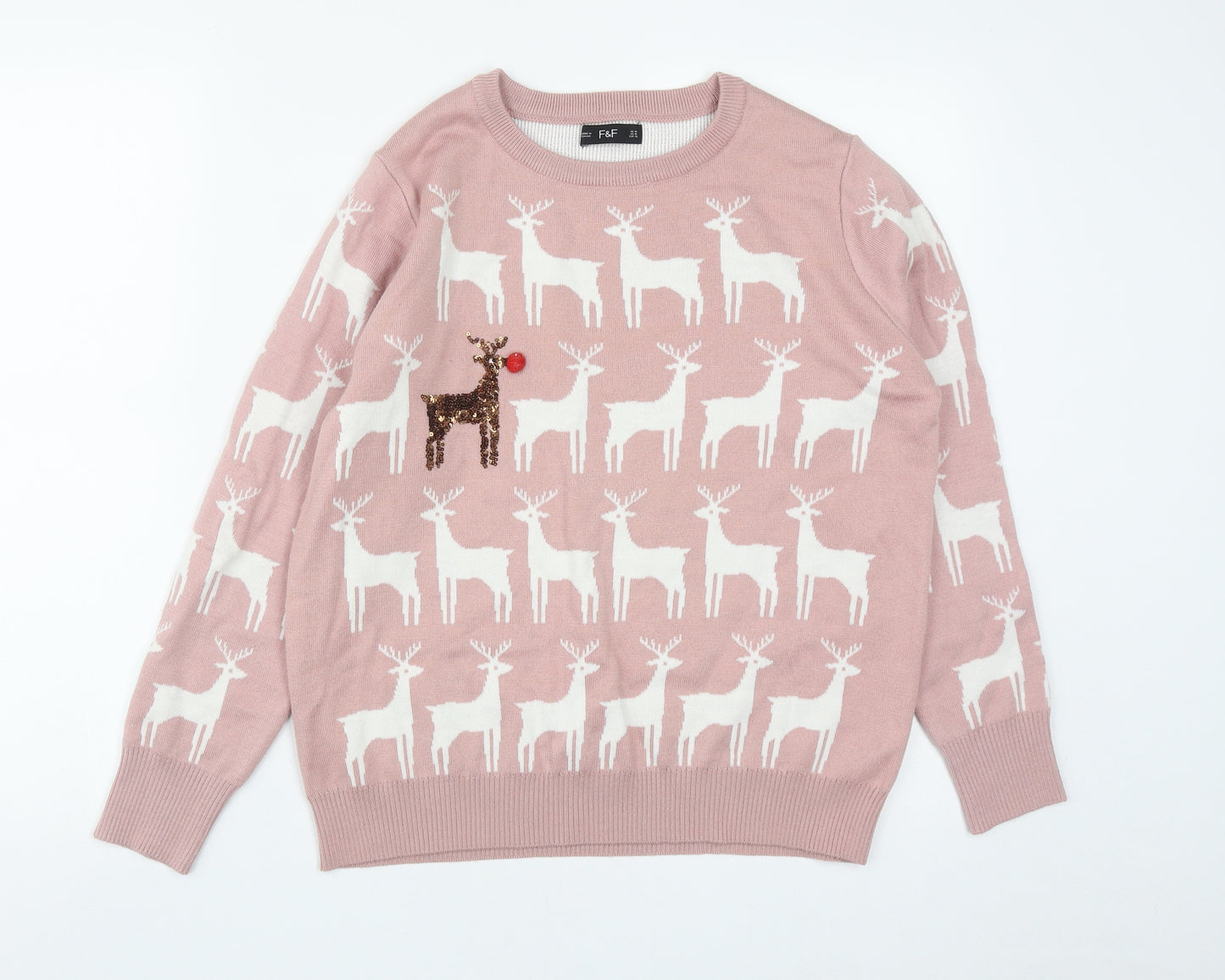 F&F Womens Pink Round Neck  Acrylic Pullover Jumper Size 14   - Christmas Rudolph