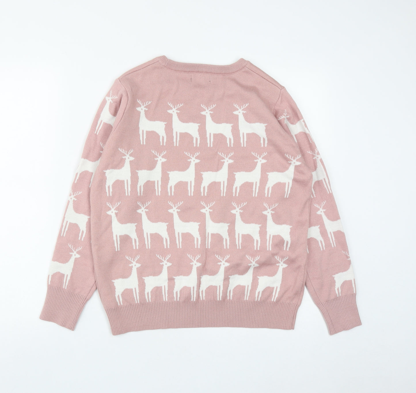 F&F Womens Pink Round Neck  Acrylic Pullover Jumper Size 14   - Christmas Rudolph