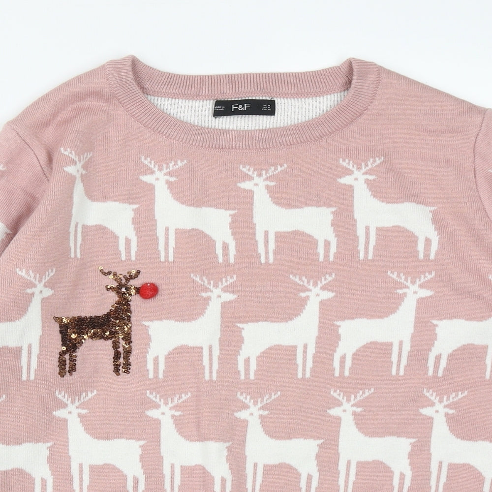 F&F Womens Pink Round Neck  Acrylic Pullover Jumper Size 14   - Christmas Rudolph