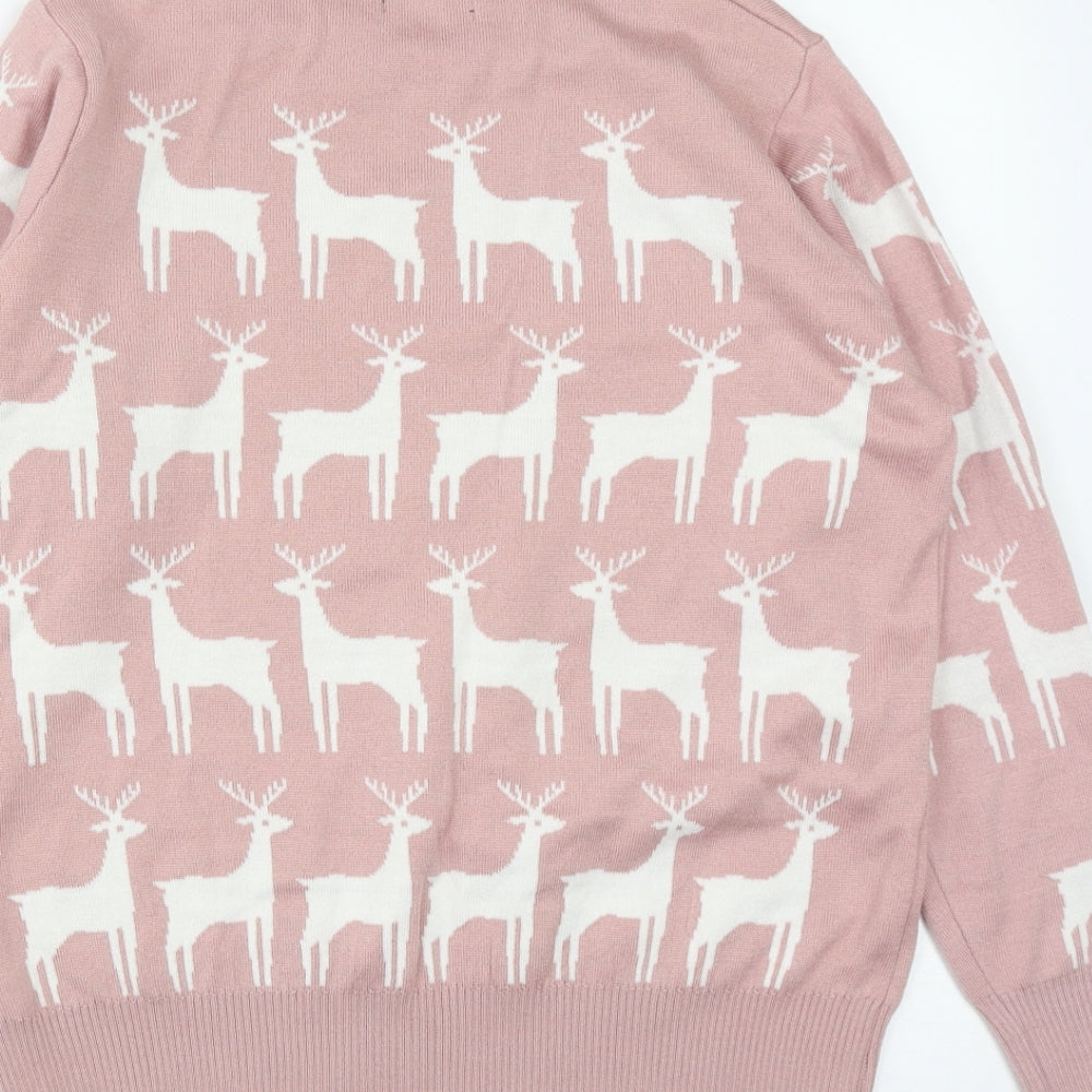 F&F Womens Pink Round Neck  Acrylic Pullover Jumper Size 14   - Christmas Rudolph