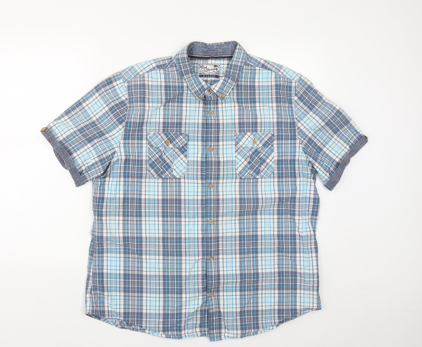 Debenhams Mens Blue Plaid Cotton  Button-Up Size XL Collared Button