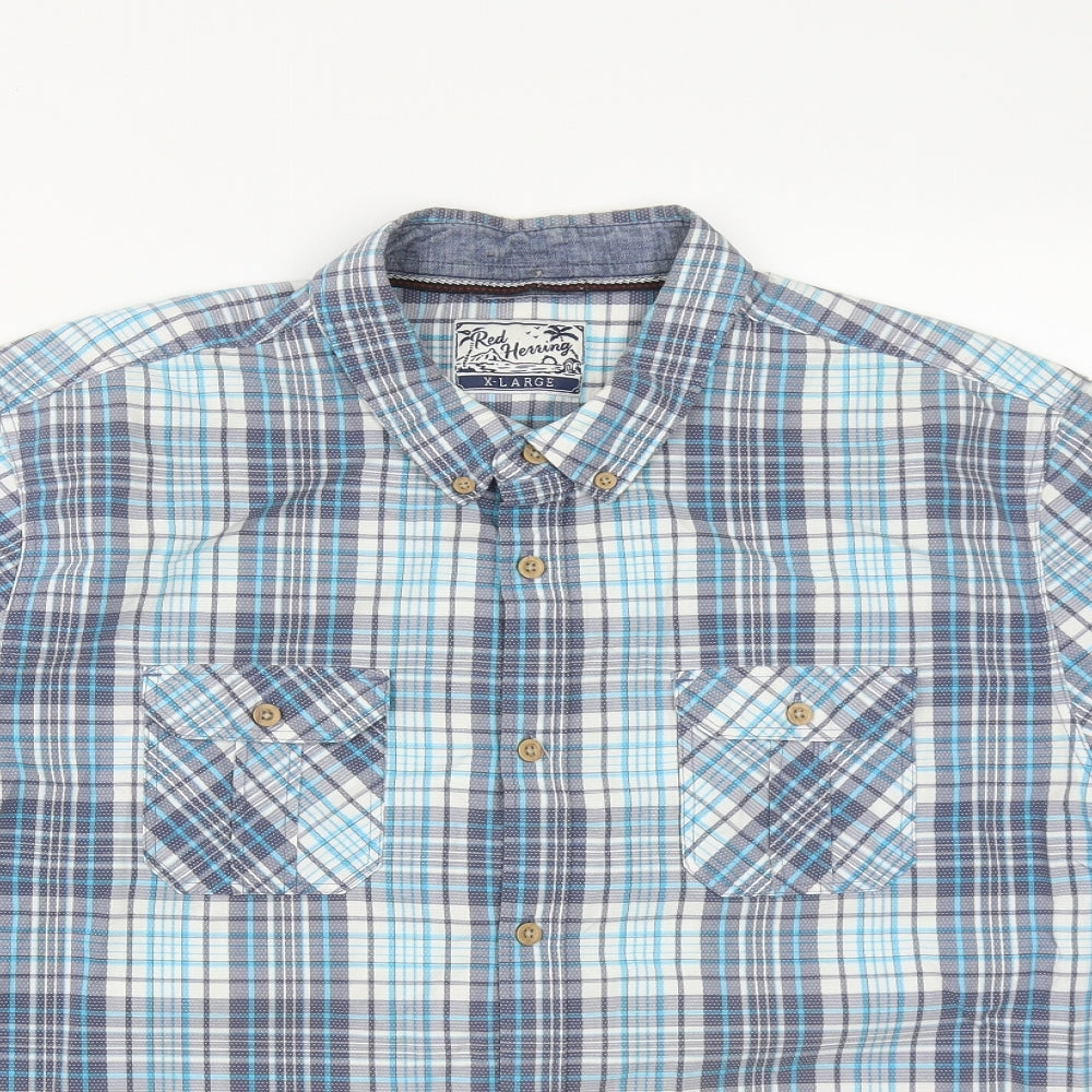 Debenhams Mens Blue Plaid Cotton  Button-Up Size XL Collared Button