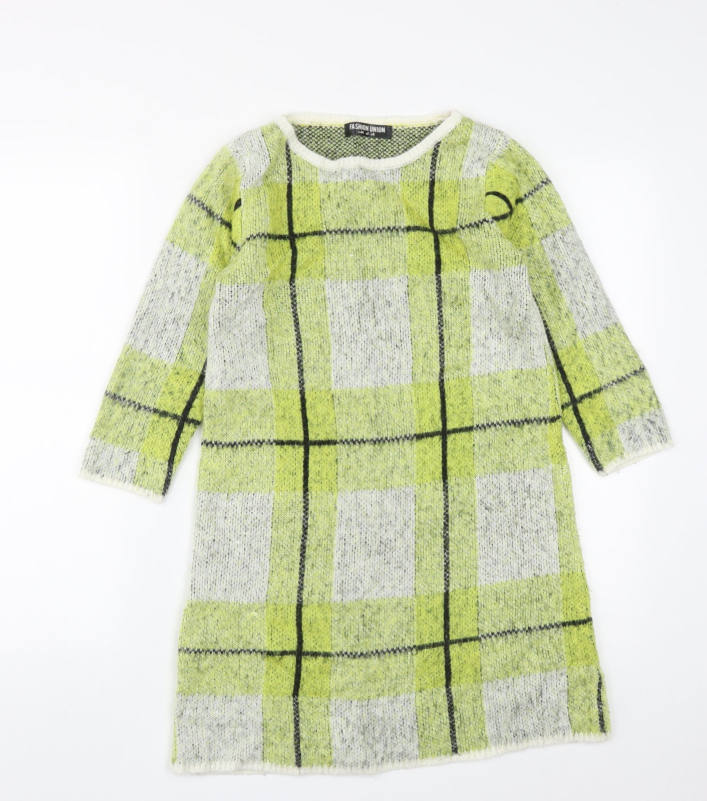 Fashion Union Womens Green Round Neck Plaid Acrylic Tunic Jumper Size 6