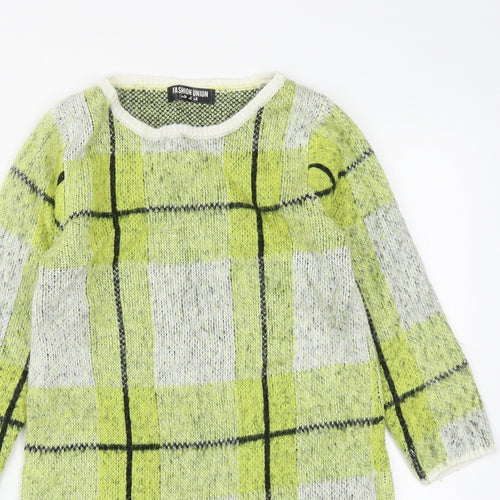 Fashion Union Womens Green Round Neck Plaid Acrylic Tunic Jumper Size 6