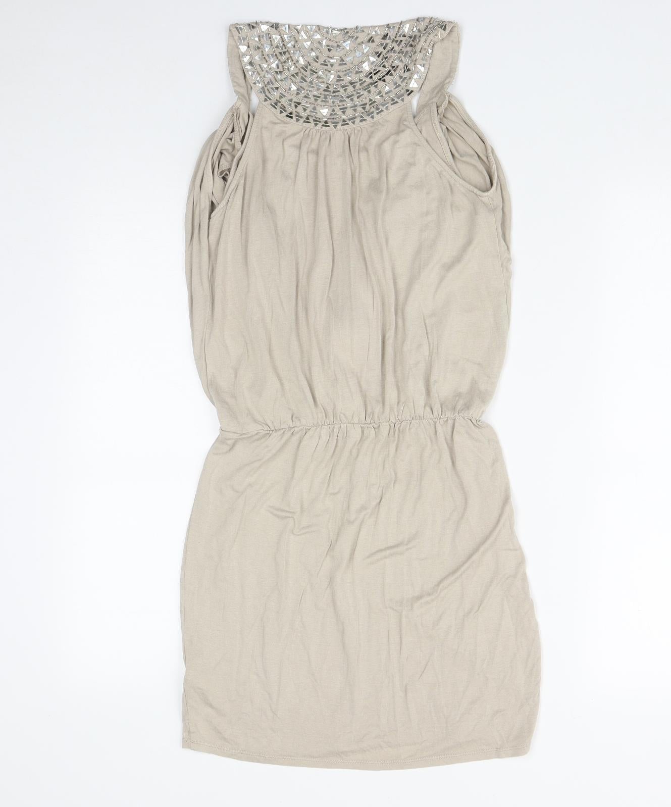 New Look Womens Beige  Viscose Fit & Flare  Size 8  Round Neck