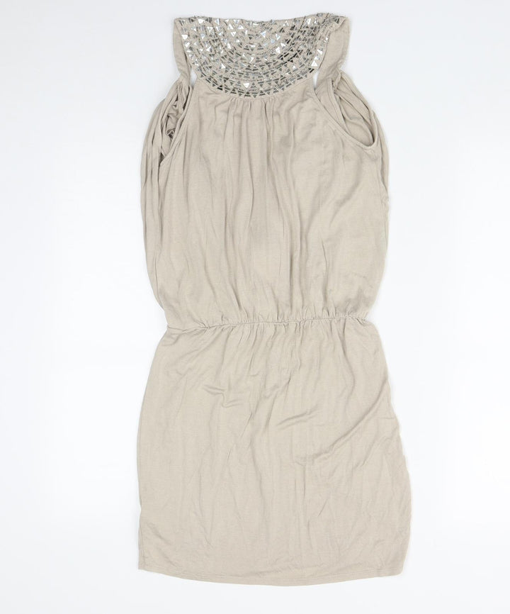 New Look Womens Beige  Viscose Fit & Flare  Size 8  Round Neck