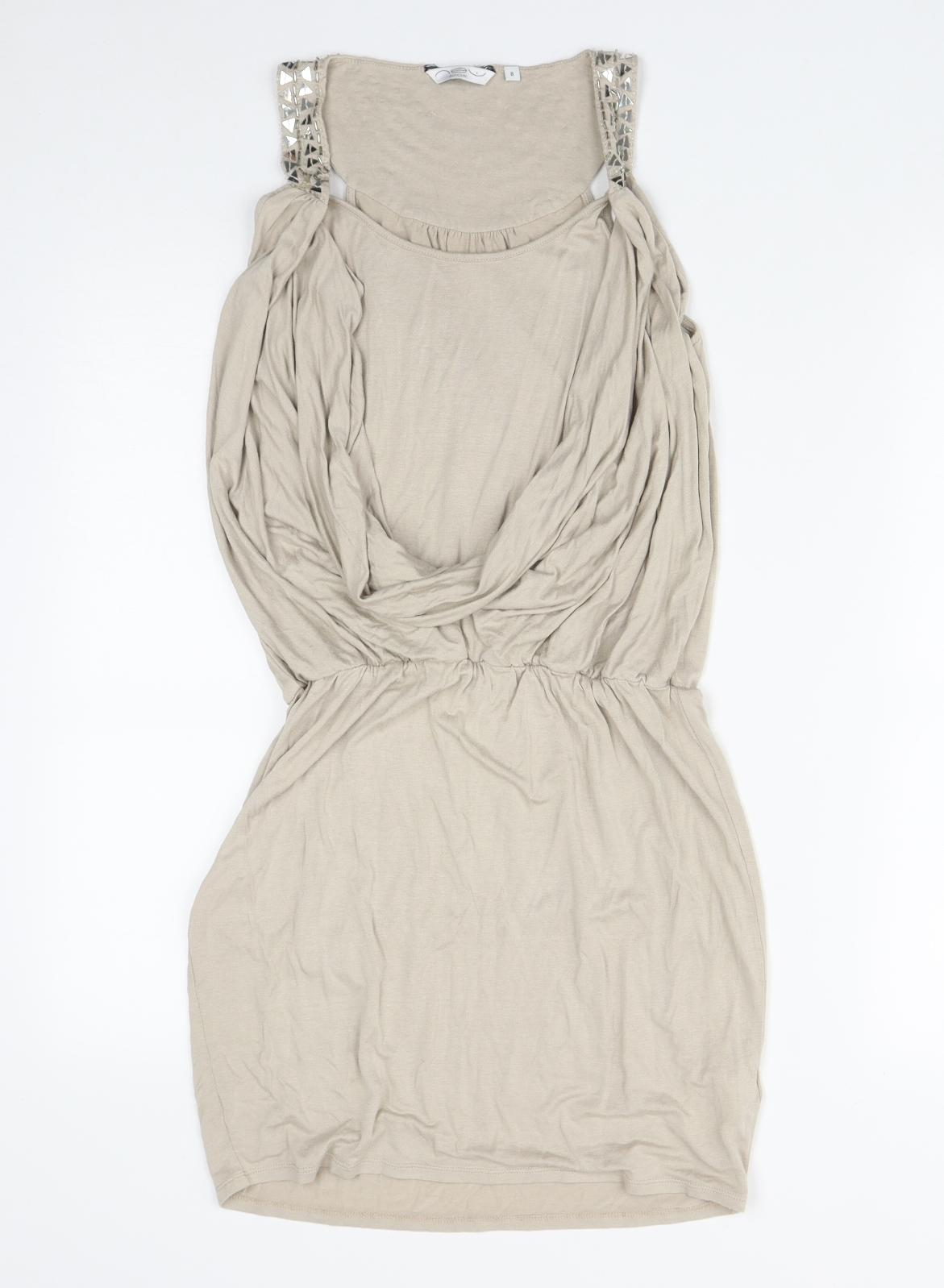 New Look Womens Beige  Viscose Fit & Flare  Size 8  Round Neck
