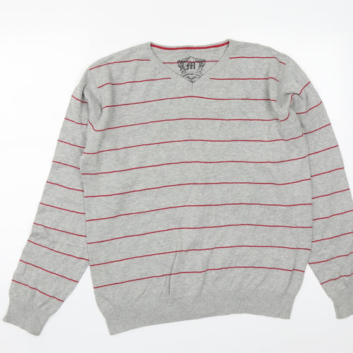Cedar Wood State Mens Grey V-Neck Striped Cotton Pullover Jumper Size M