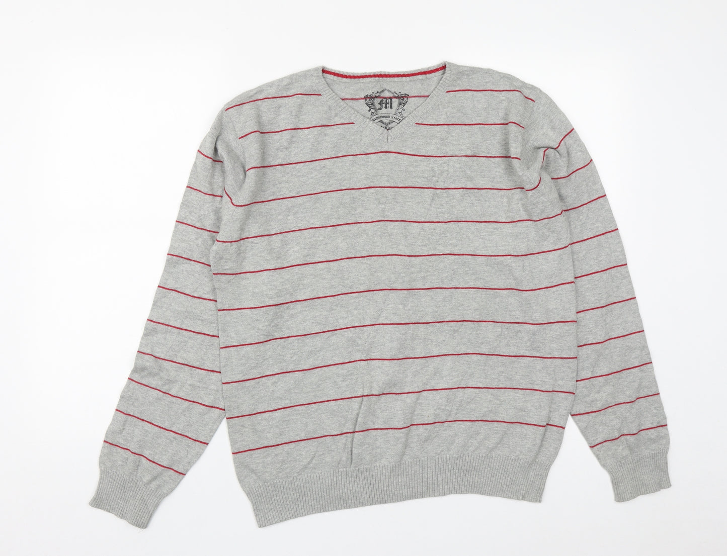 Cedar Wood State Mens Grey V-Neck Striped Cotton Pullover Jumper Size M