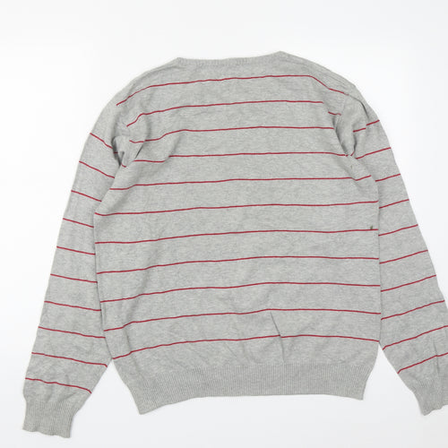 Cedar Wood State Mens Grey V-Neck Striped Cotton Pullover Jumper Size M