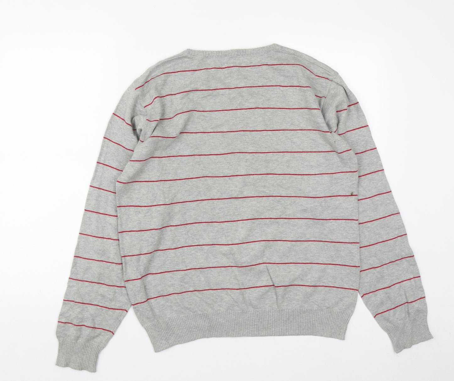 Cedar Wood State Mens Grey V-Neck Striped Cotton Pullover Jumper Size M