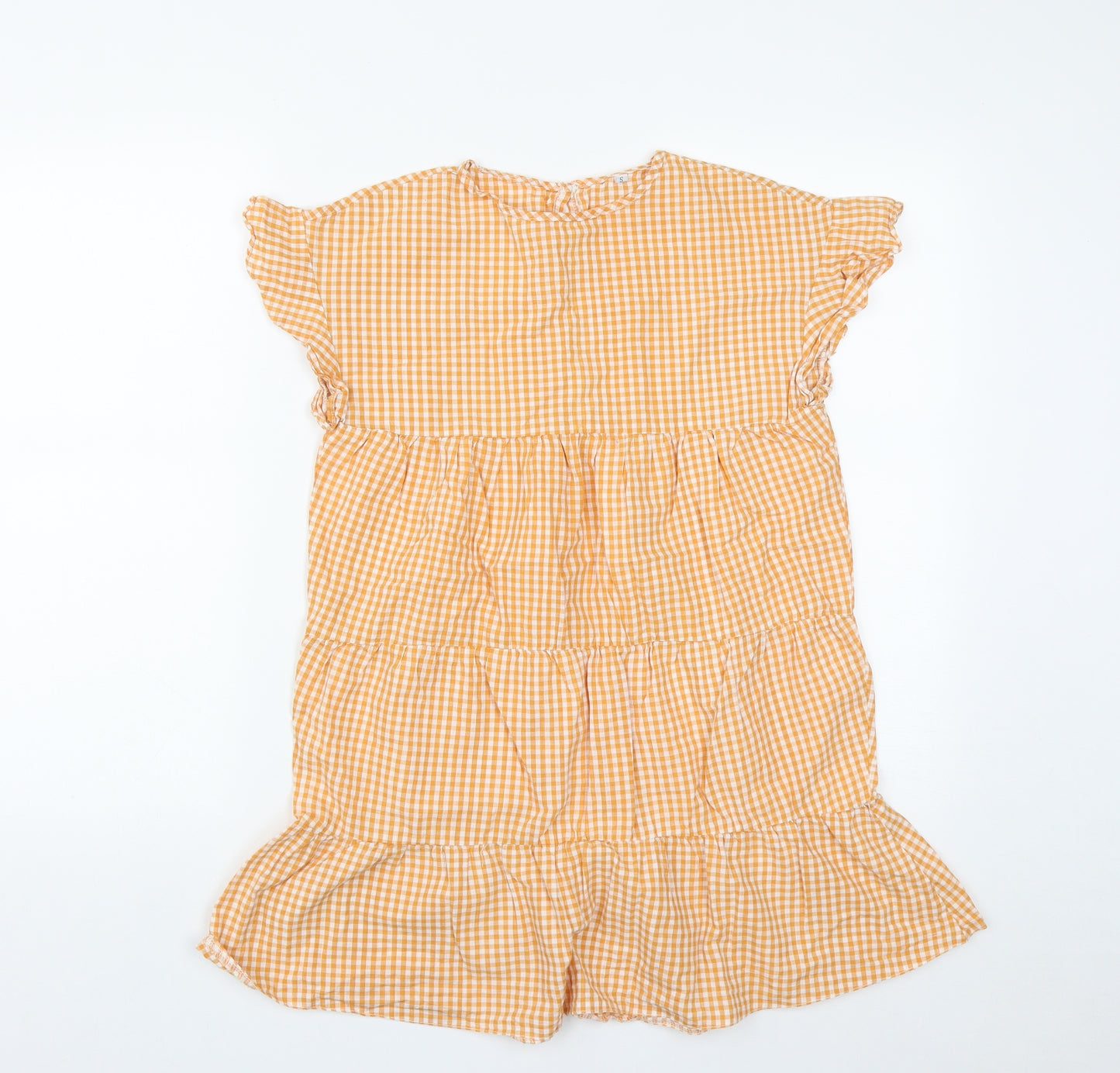 Preworn Womens Orange Plaid Polyester Basic Blouse Size S Round Neck