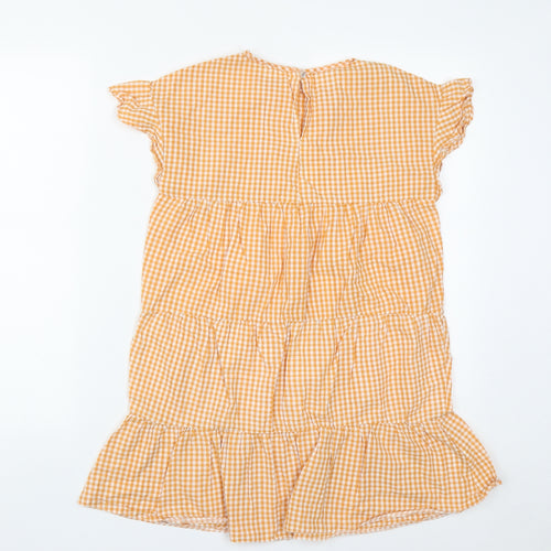 Preworn Womens Orange Plaid Polyester Basic Blouse Size S Round Neck