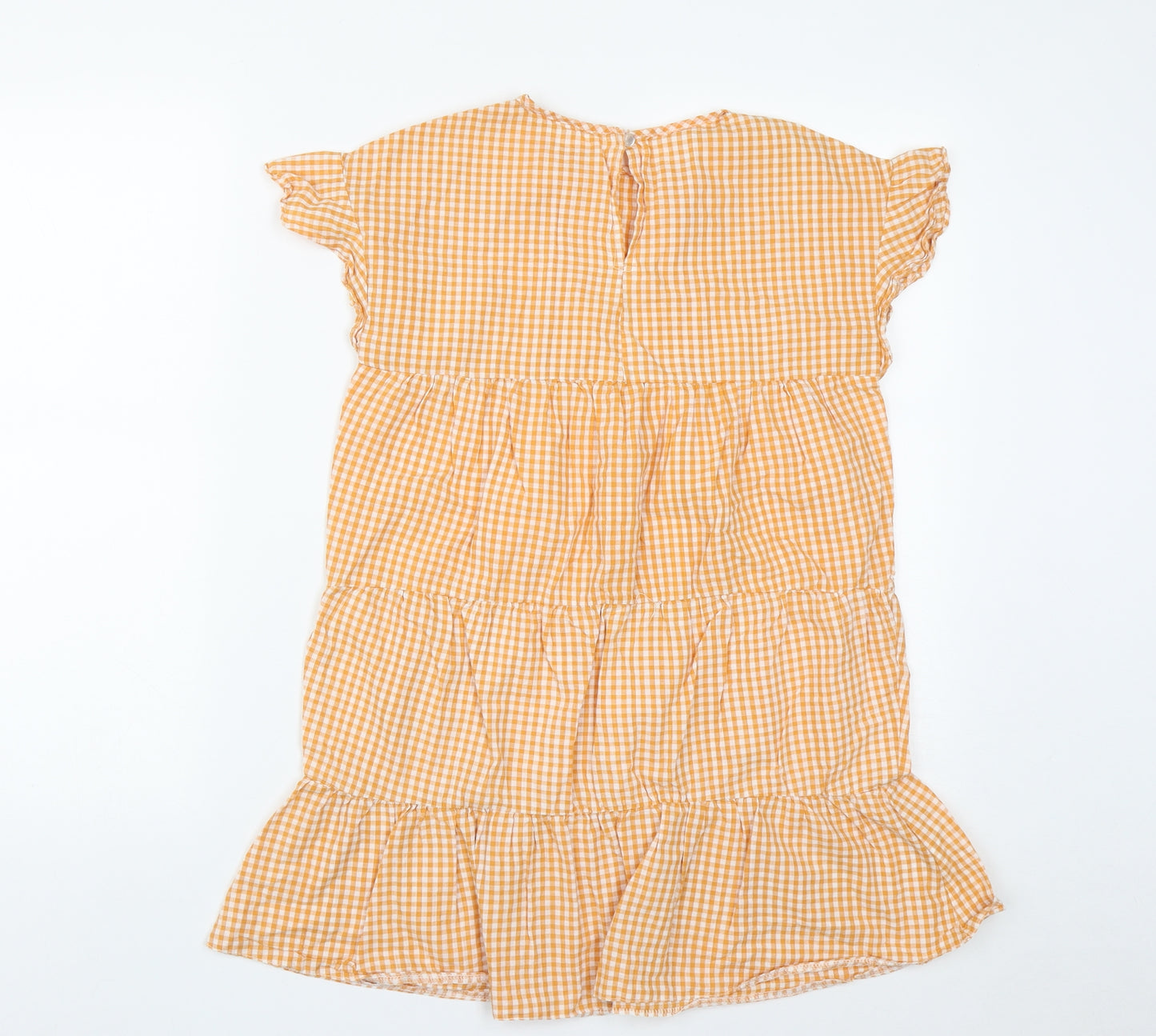 Preworn Womens Orange Plaid Polyester Basic Blouse Size S Round Neck
