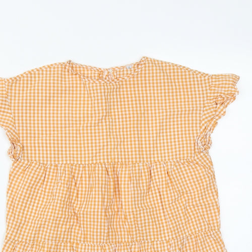 Preworn Womens Orange Plaid Polyester Basic Blouse Size S Round Neck