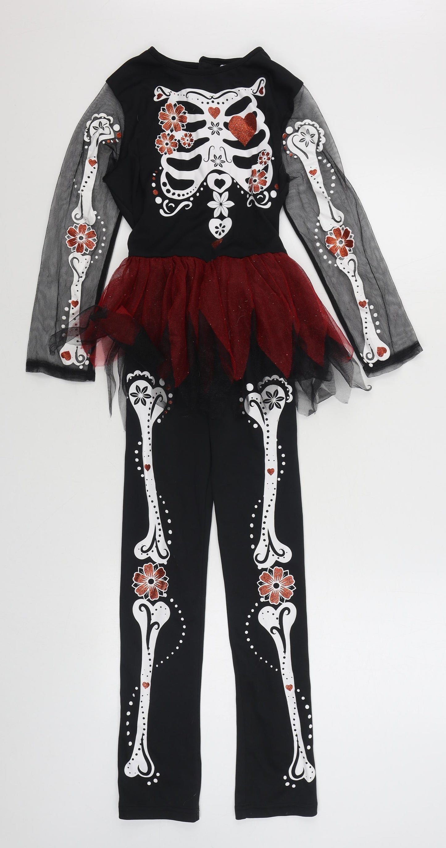 F&F Girls Black Solid Polyester Top One Piece Size 9-10 Years  Hook & Loop - Skeleton Fancy Dress