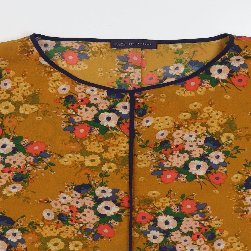 Marks and Spencer Womens Yellow Geometric Polyester Basic Blouse Size 16 Boat Neck