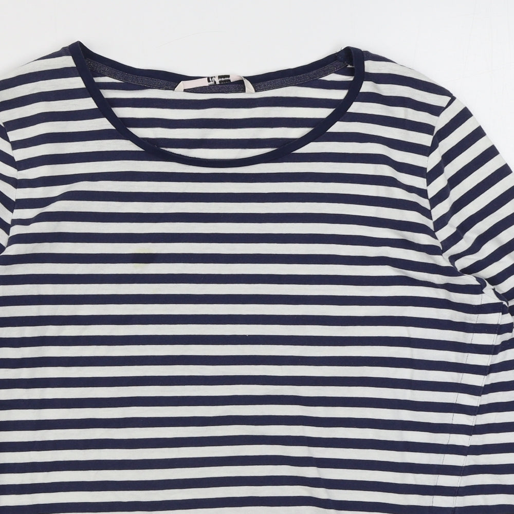 TU Womens Blue Striped 100% Cotton Basic T-Shirt Size 16 Boat Neck