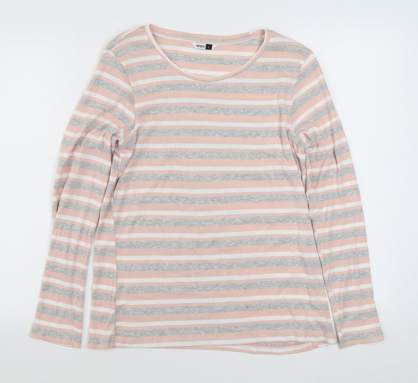 Pep&Co Womens Multicoloured Striped 100% Cotton Basic T-Shirt Size L Boat Neck