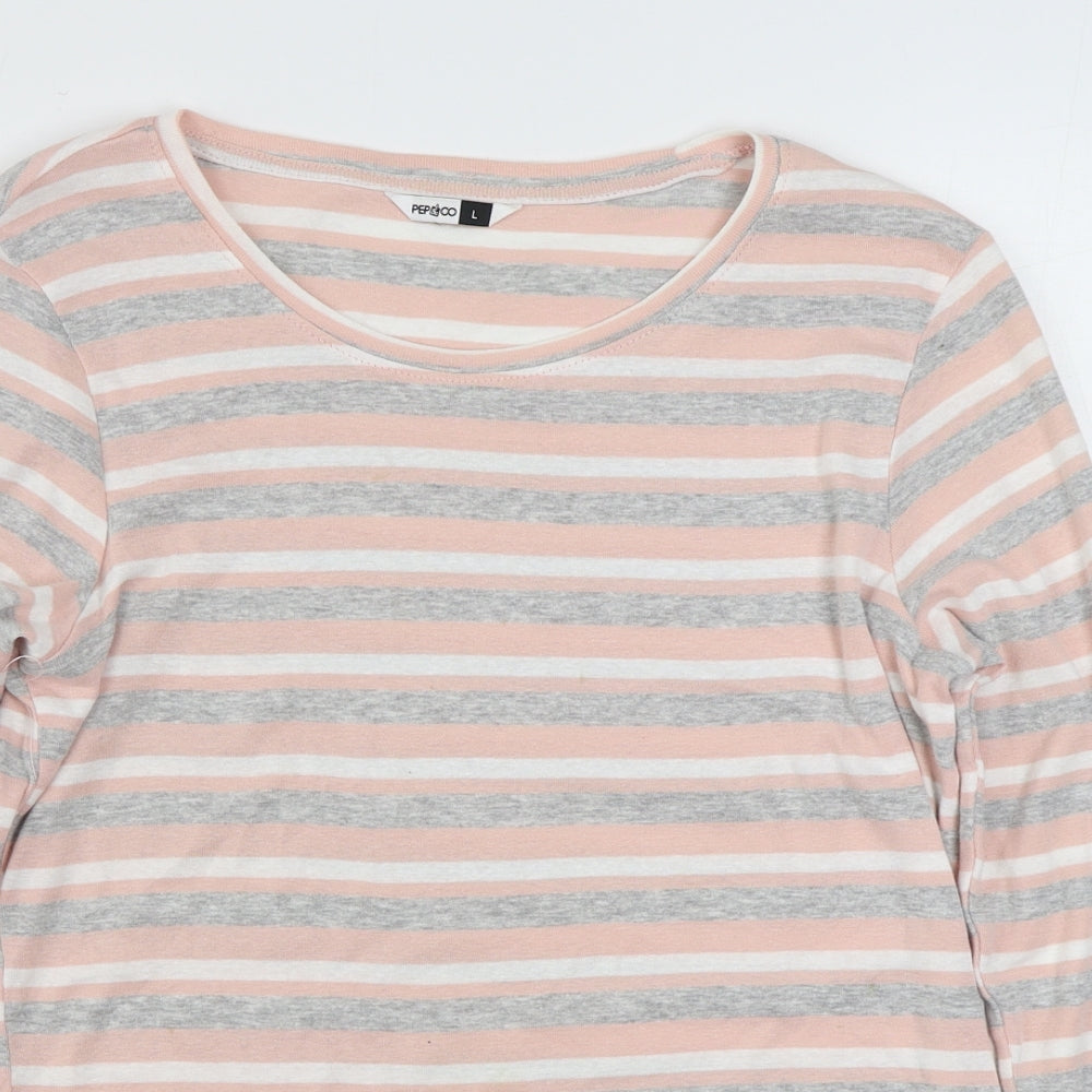Pep&Co Womens Multicoloured Striped 100% Cotton Basic T-Shirt Size L Boat Neck