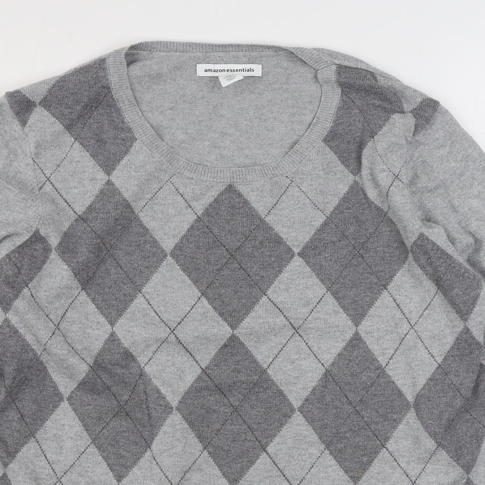 Amazon Essentials  Mens Grey Round Neck Argyle/Diamond Cotton Pullover Jumper Size L