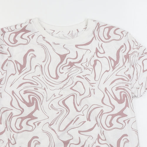 Primark Womens White Geometric 100% Cotton Basic T-Shirt Size L Round Neck