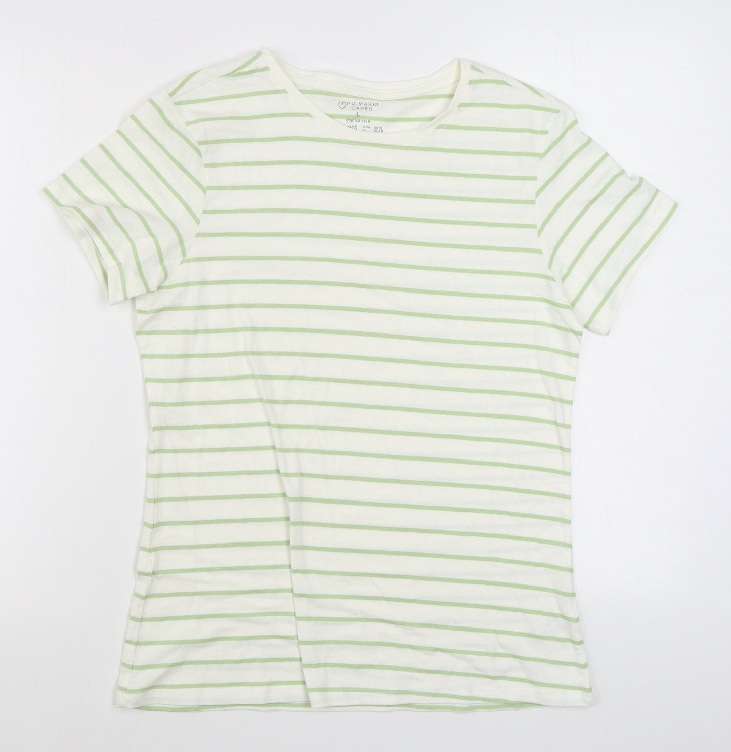 Primark Womens White Striped 100% Cotton Basic T-Shirt Size L Round Neck