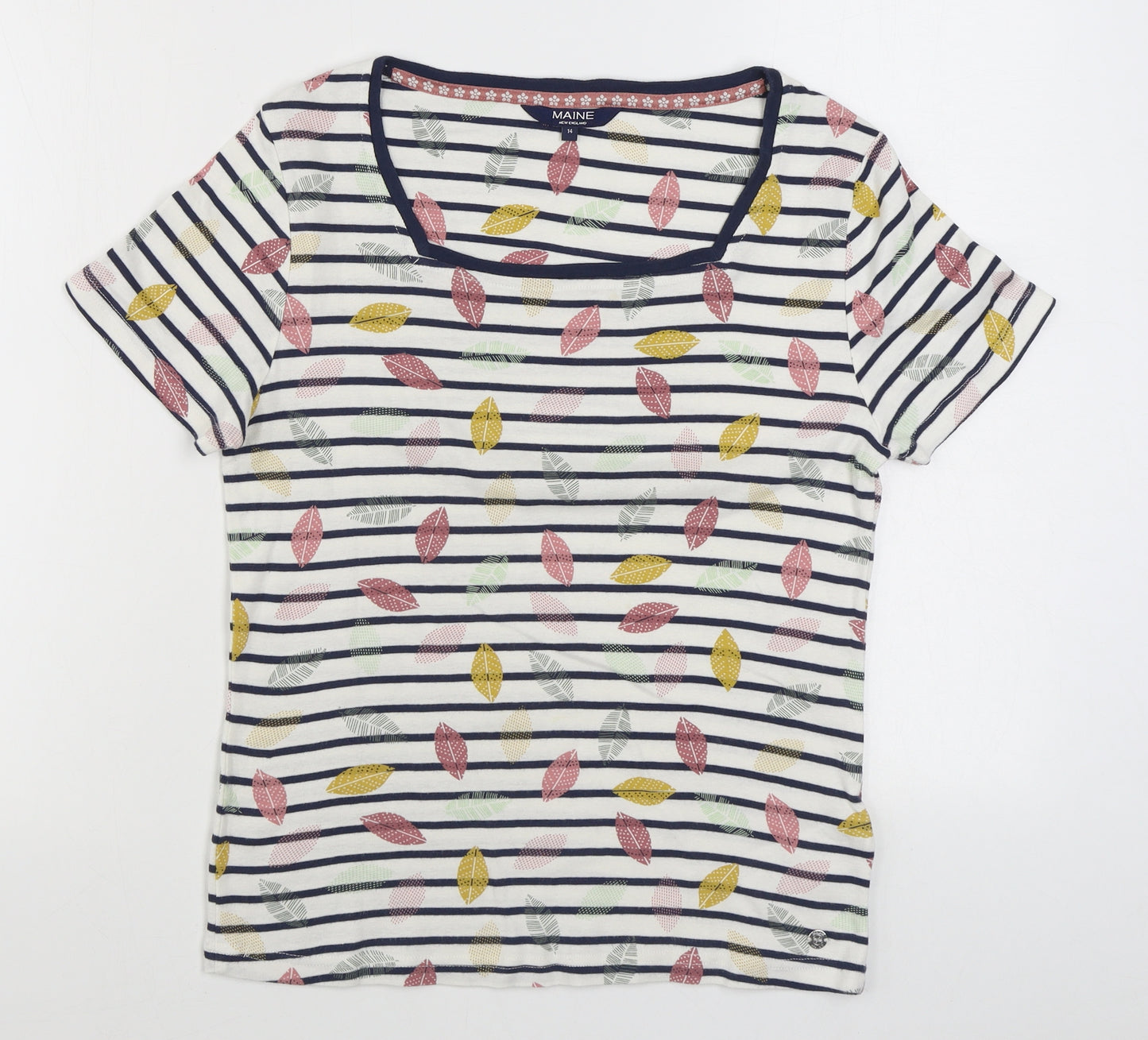 Maine Womens Multicoloured Striped 100% Cotton Basic T-Shirt Size 14 Square Neck