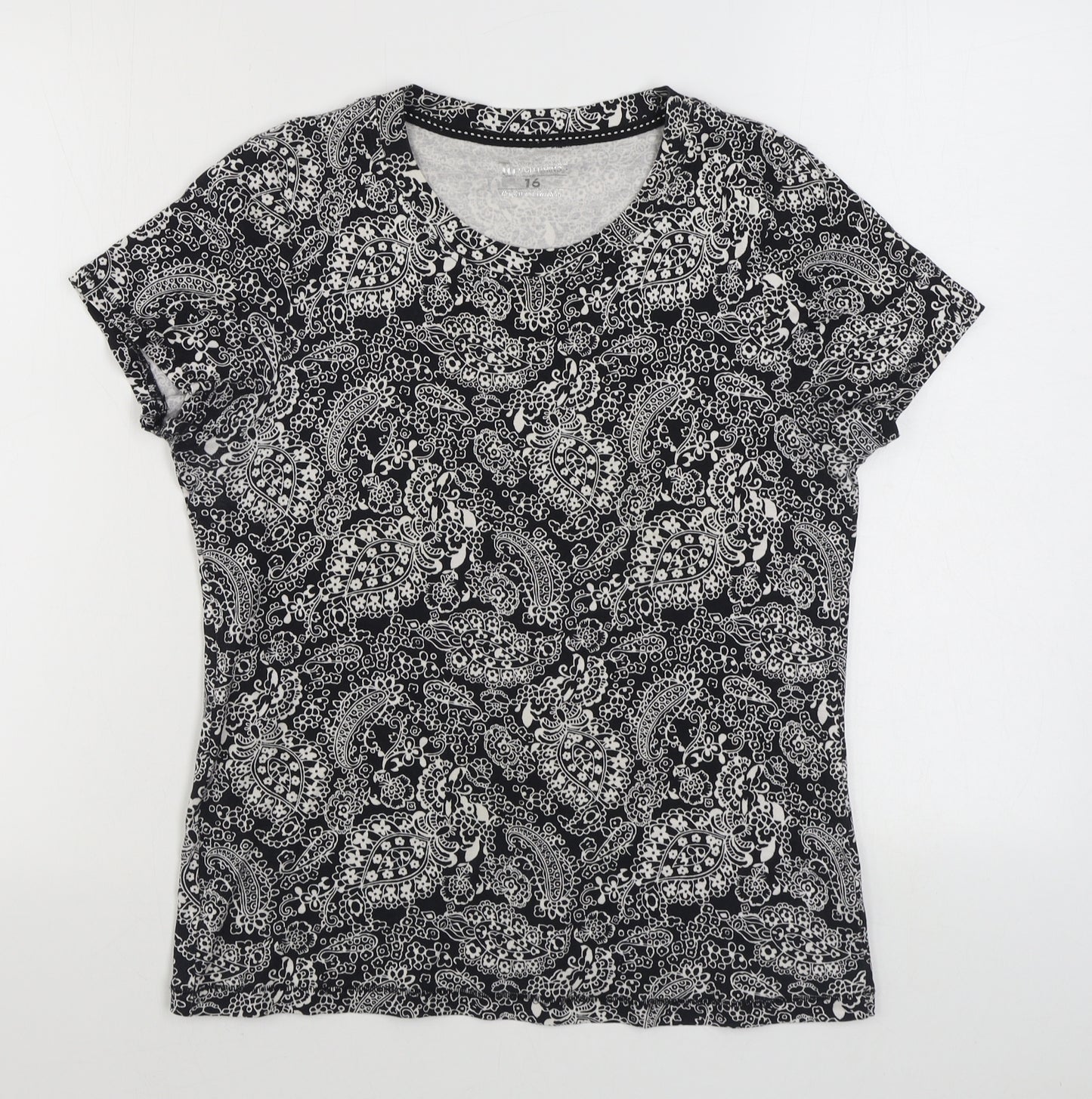 TU Womens Black Paisley 100% Cotton Basic T-Shirt Size 16 Scoop Neck