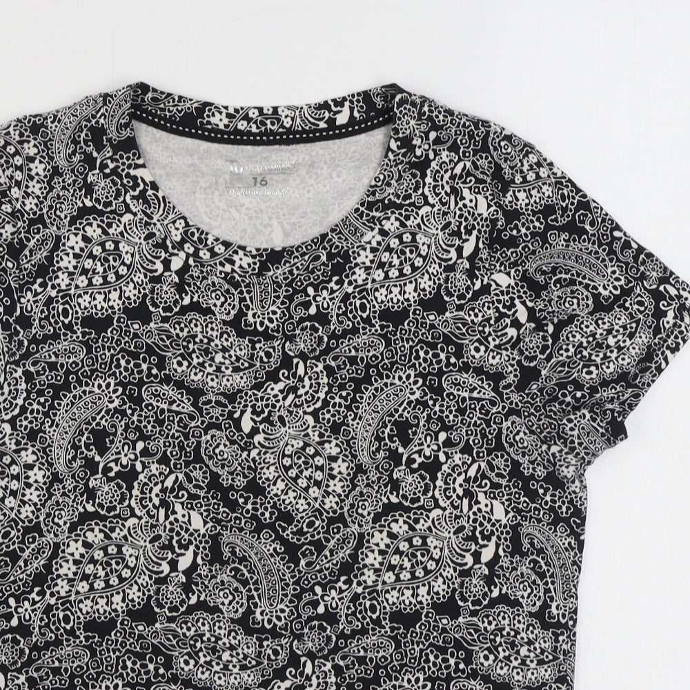 TU Womens Black Paisley 100% Cotton Basic T-Shirt Size 16 Scoop Neck