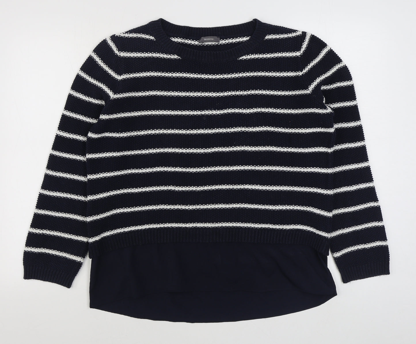Yessica Womens Blue Boat Neck Striped Cotton Pullover Jumper Size M
