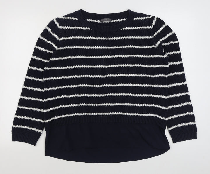 Yessica Womens Blue Boat Neck Striped Cotton Pullover Jumper Size M