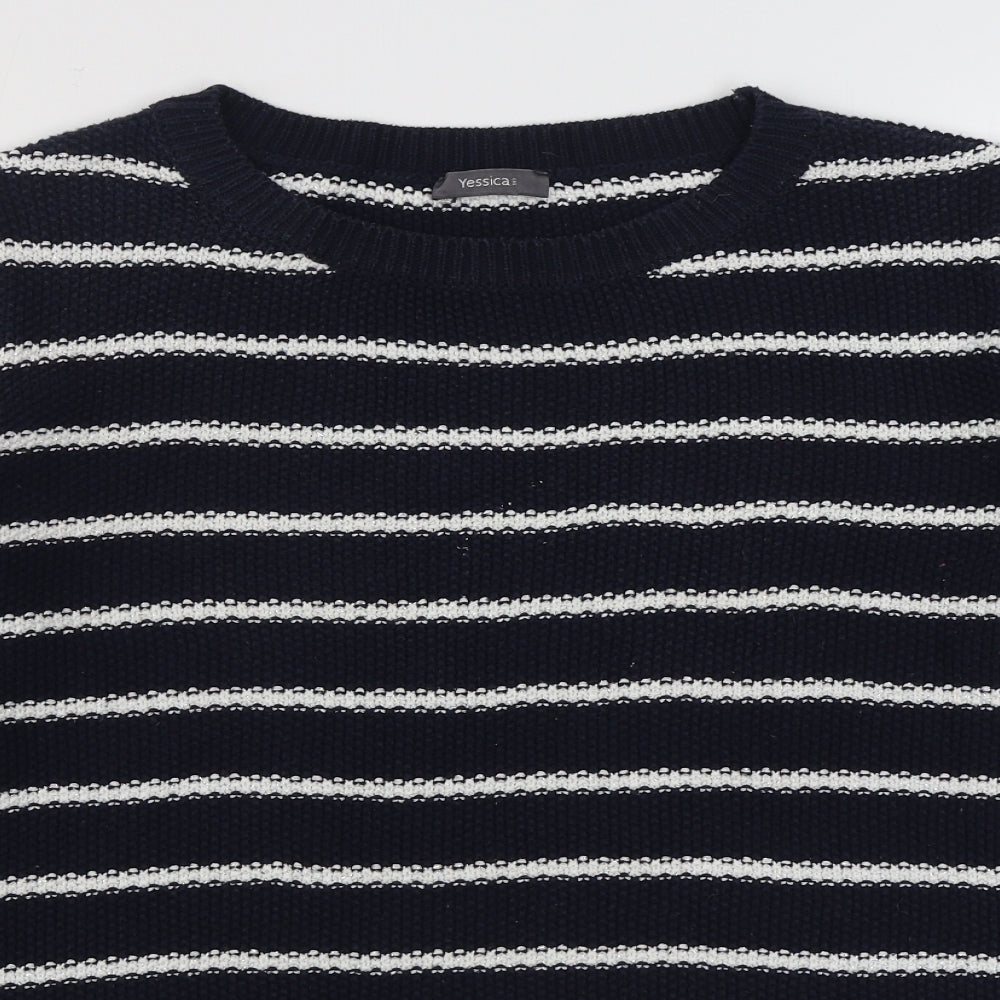 Yessica Womens Blue Boat Neck Striped Cotton Pullover Jumper Size M