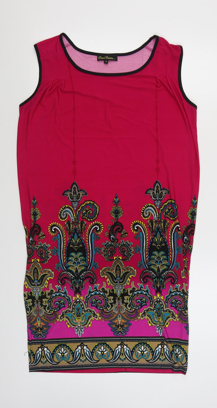 Print Fusion Womens Pink Geometric Polyester T-Shirt Dress Size S Scoop Neck Pullover