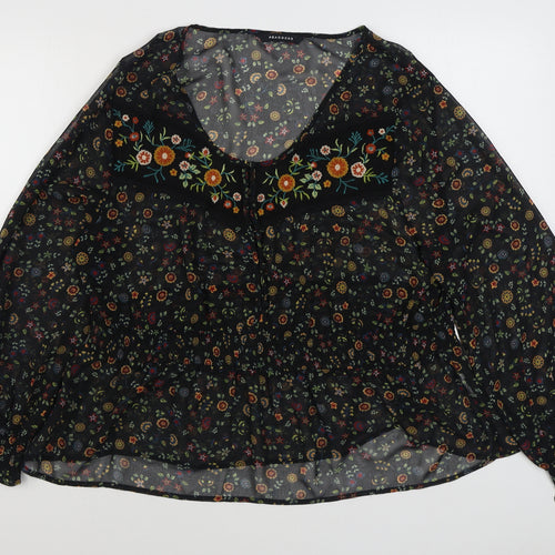 Peacocks Womens Black Floral Polyester Basic Blouse Size L Scoop Neck