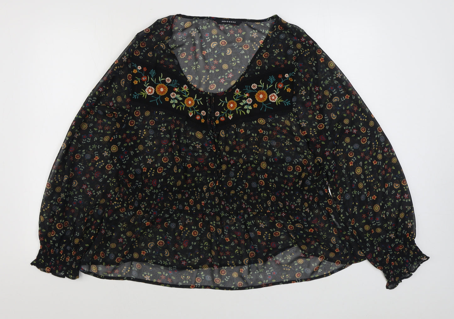 Peacocks Womens Black Floral Polyester Basic Blouse Size L Scoop Neck