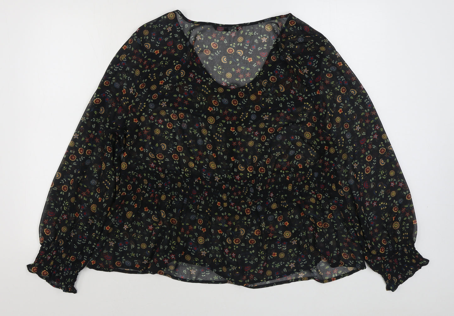 Peacocks Womens Black Floral Polyester Basic Blouse Size L Scoop Neck