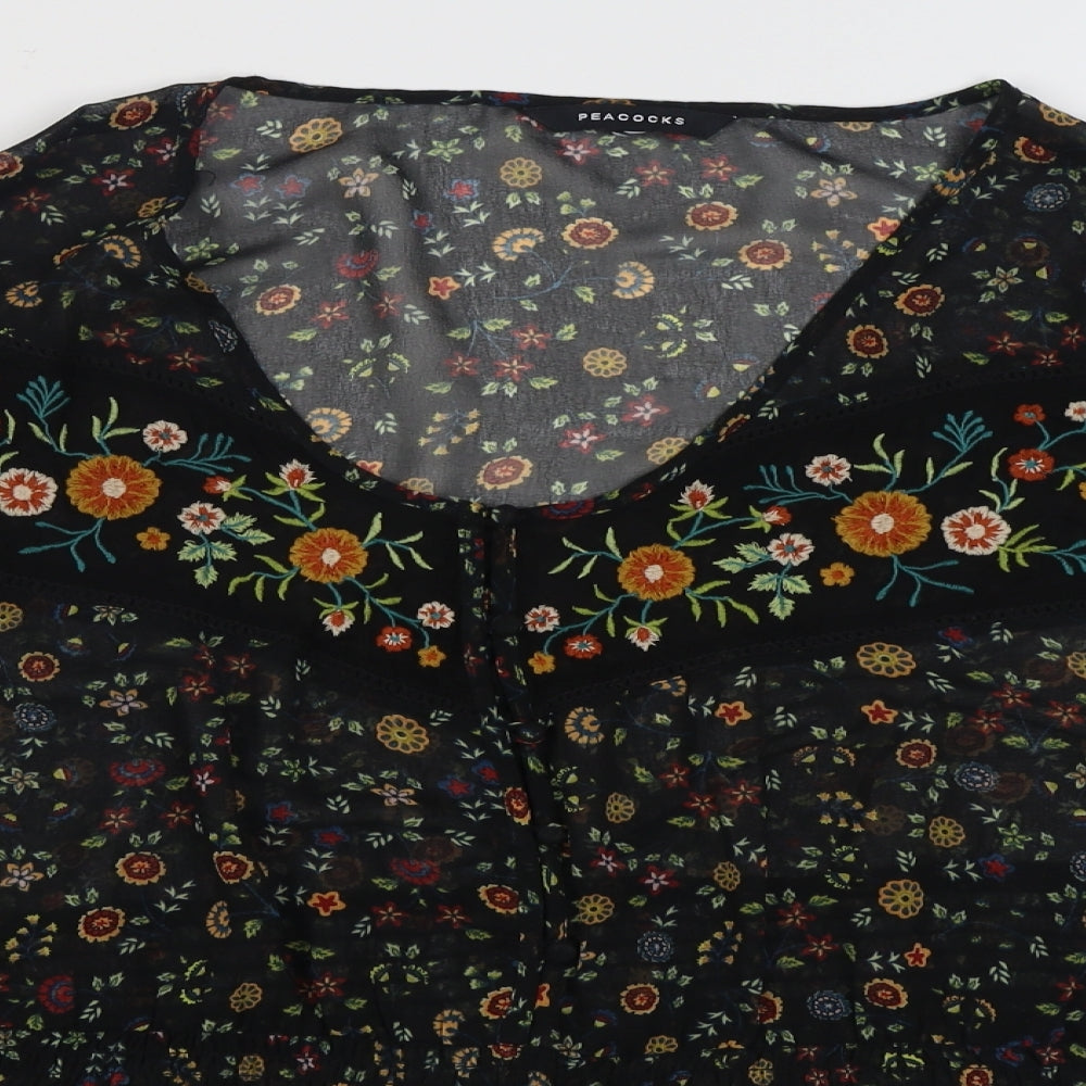 Peacocks Womens Black Floral Polyester Basic Blouse Size L Scoop Neck