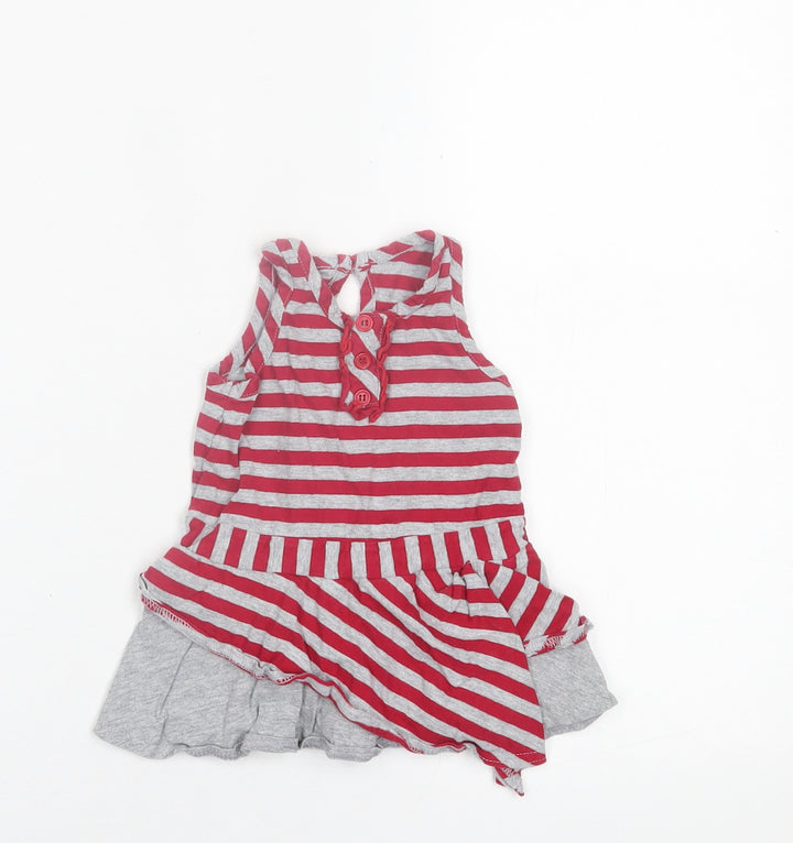 Matalan Girls Red Striped Cotton A-Line  Size 3-6 Months  Crew Neck Button