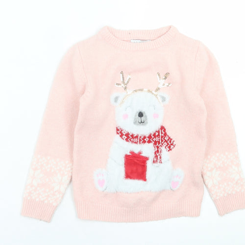 Primark Girls Pink Crew Neck  Acrylic Pullover Jumper Size 5-6 Years  Pullover - Christmas Jumper