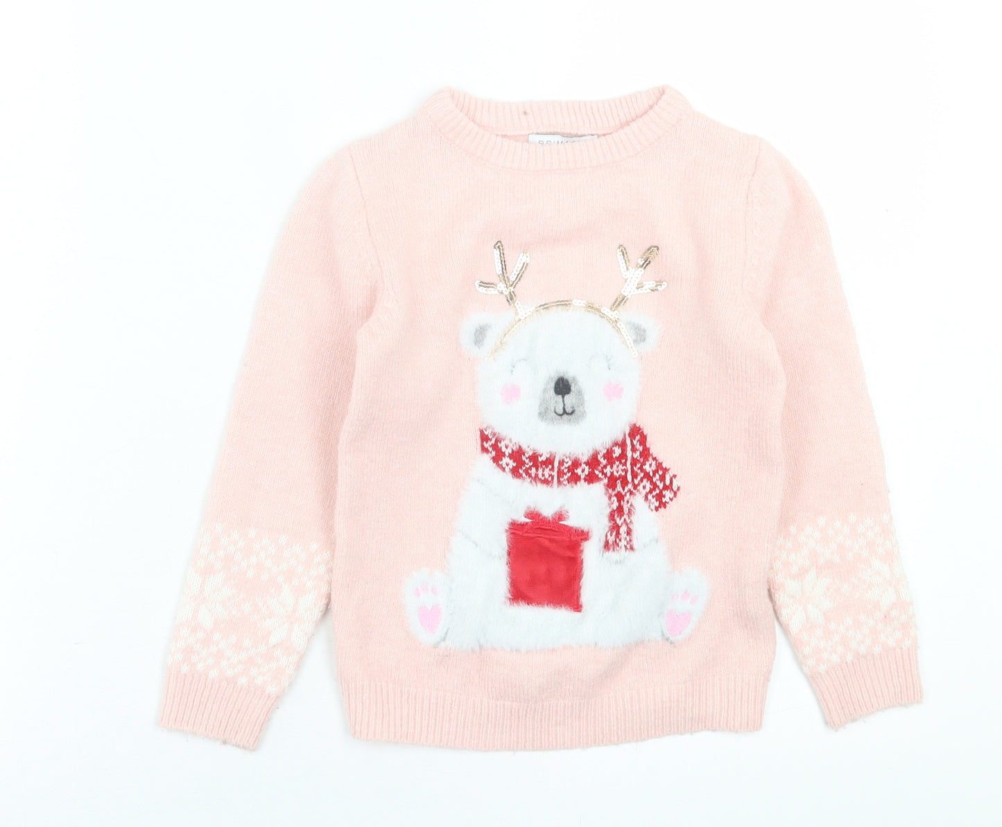 Primark Girls Pink Crew Neck  Acrylic Pullover Jumper Size 5-6 Years  Pullover - Christmas Jumper