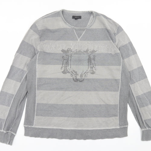 NEXT Mens Grey Crew Neck Striped Cotton Pullover Jumper Size L